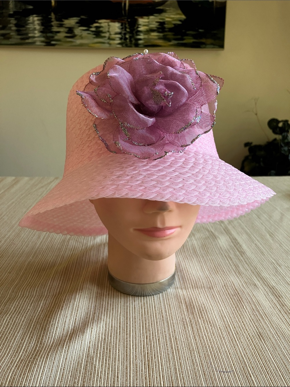 Pink Floral Accent Women's Wide-Brim Hat